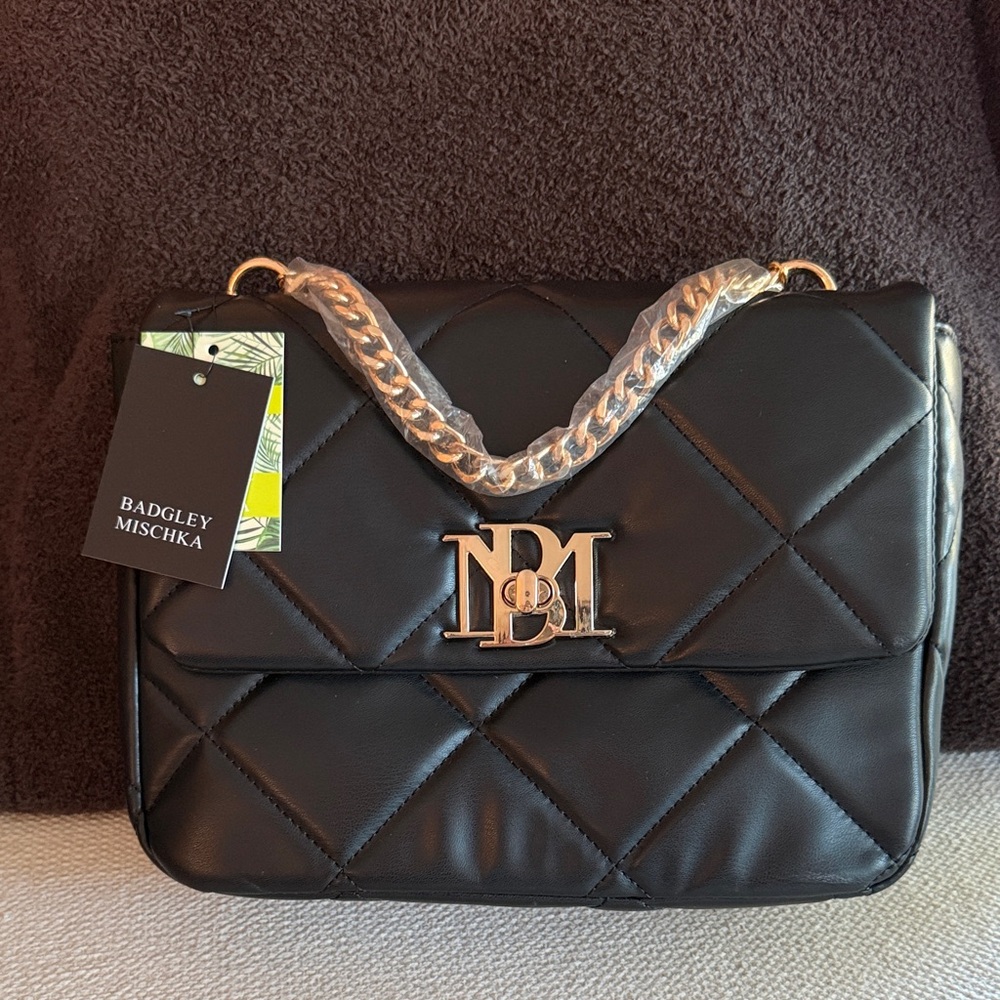 Badgley Mischka Black Quilted Shoulder Bag with Chain Handle